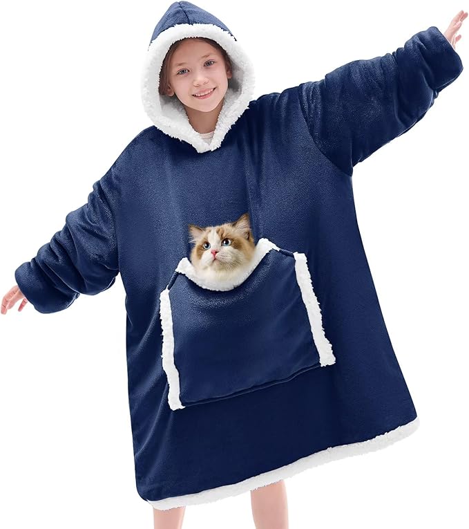 JOYWOO Navy Kids Wearable Blanket Hoodie, Oversized Cat lovers Hoodie Blanket for kids & Teens,Birthday Gifts for Girl Boys,Warm Cozy Fuzzy Sherpa Fleece Sweatshirt Blankets with Giant Pocket Gifts