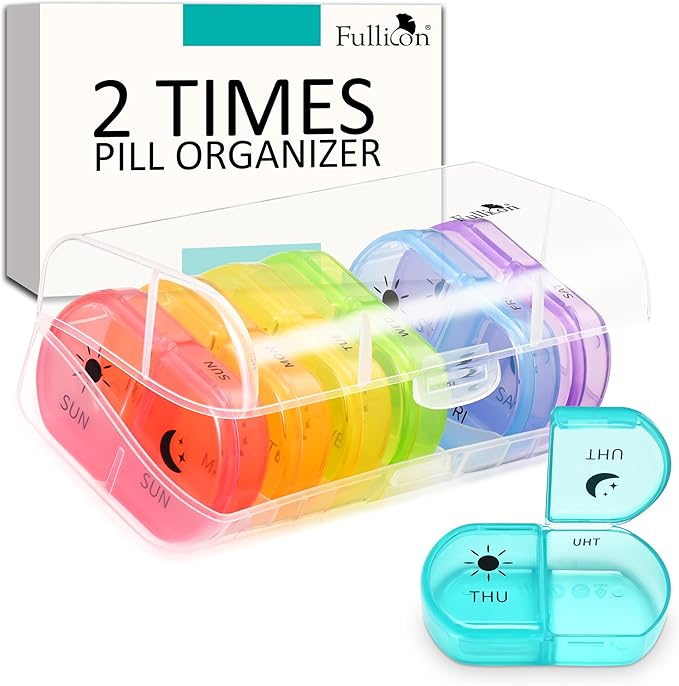 Fullicon Large Pill Organizer 2 Times a Day, Easy to Use AM PM 7 Day Pill Box, Secure Weekly Daily Pill Case, Durable Pill Container Travel, Portable Travel Medication Holder (Clear Rainbow)