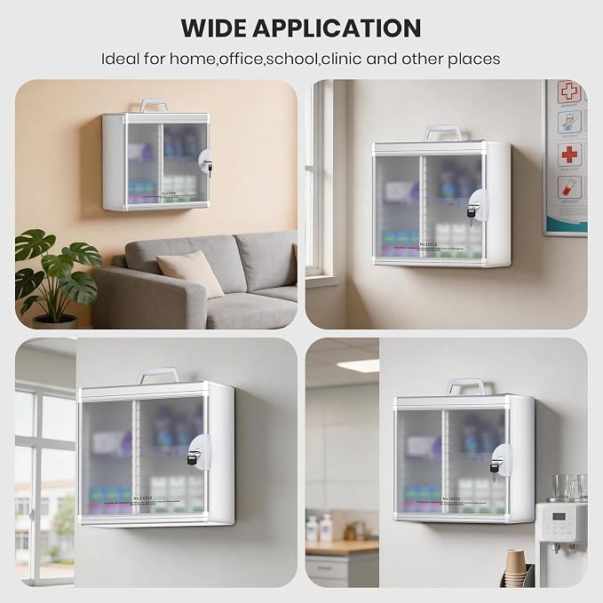 Lockable Medicine Cabinet with Key - Aluminum Wall Mount Medication Lock Box with 3 Removable Trays & Handle, Secure Locking Medicine Storage Organizer for Home, School & Office (Silver)