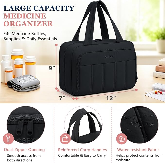 BAGSFY Travel Medicine Bag with 2 Separate Compartments, Wide-Opening Medication Organizer, Puffy Medical Storage Bag for Prescription Bottles, Pill Cases, Medical Supplies,Travel & Family Emergency