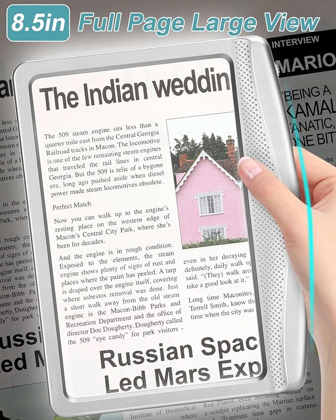 5X Rechargeable Magnifying Glass with Light, Large Bright LED Lighted Full Page Magnifier, Lightweight Rectangular Handheld Magnifier with Light for Reading Small Prints for Seniors, Silver