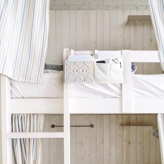 Mkono Bedside Caddy, Macrame Bunk Bed Hanging Organizer, 7 Pockets Ivory | Dorm Room Essentials, Boho Storage Bag, Remote Books Magazines Phone Snacks Drinks Holder, Bedroom Nursery Loft Baby Bed Rail