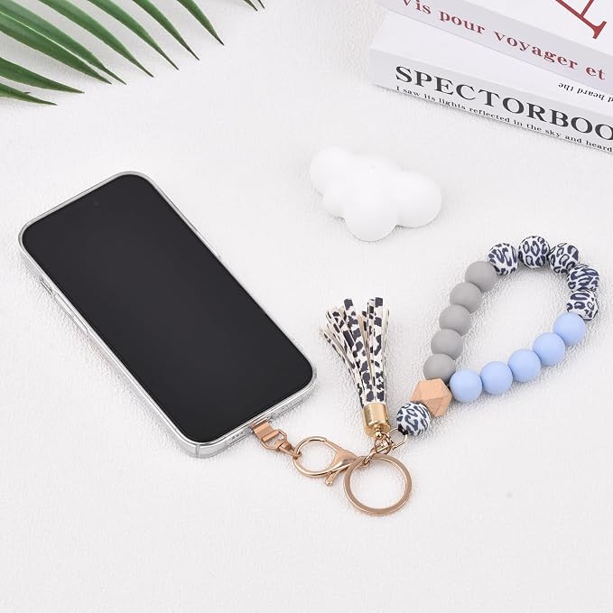 BAOSIWA Silicone Key Ring Bracelet Wristlet Keychain Unique Beaded Bangle Key Chains for Women with Leather Tassel