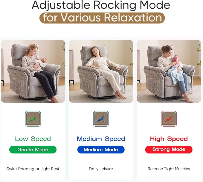 Power Nursery Recliner with Auto Rocking,Oversized Swivel Rocker Recliner with Massage and Heat,Glider Recliner Nursery Chair with Adjustable Headrest for Living Room and Bedroom,Light Grey
