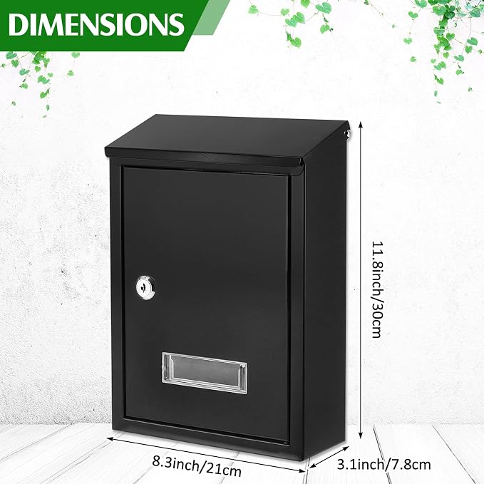 Amylove Weatherproof Mail Boxes with Key Lock, Security Locking Wall Mount Metal Mailbox with Slot for Outside, Large Capacity for Mail, Packages, Donations, Voting 11. 8"h x 8. 3"l x 2. 8"w, Black