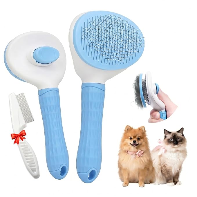 Self-Cleaning Pet Grooming Brush – Smooth Grooming Brush for Dogs and Cats, Easy Hair Removal with the Push of a Button, Gentle Shedding Remover for Small Pets (Basic Oval)