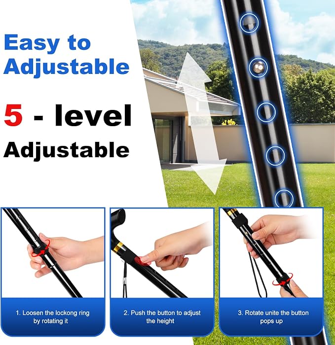 MFE Folding Cane, Portable 5-Level Adjustable Height Walking Stick with Foldable Design, Wrist Strap, and T Handle for Men and Women