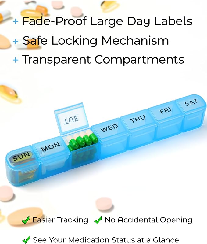 2 Pack Weekly Pill Organizer, Large 7 Day Pill Box, BPA-Free Travel Medicine Case, Easy Open & Secure Close, Portable Pill Holder for Vitamins, Supplements & Medications - Blue&Purple