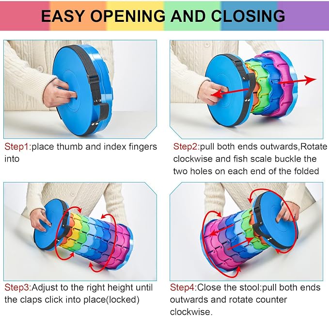 Doseno Collapsible Stool, Portable Stool, Collapsible Seat, Rainbow Color | Portable collapsible stool, 2.4 to 17.5 in retractable height. Foldable stool for fishing, hiking, BBQ and outdoor use.