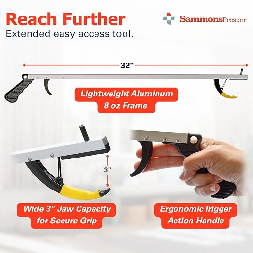 Sammons Preston Reacher, 32" Lightweight Grabber Reacher Tool with Super Strong Magnetic Tip, Ergonomic Grip & Claw Jaw, Portable Reaching Aid for Seniors, Daily Living & Home Use, Standard Silver