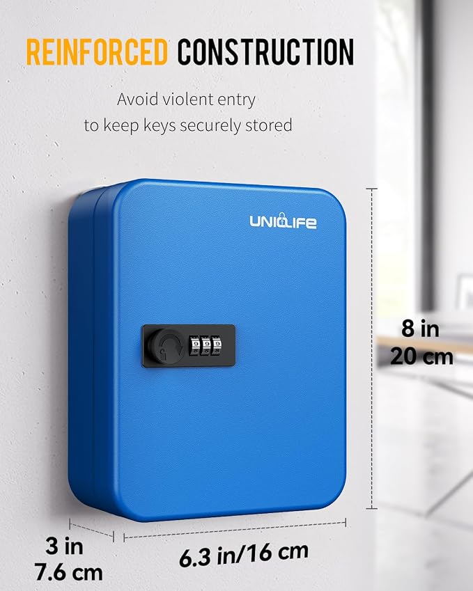 Uniclife 20 Position Key Cabinet with Combination Lock Resettable Blue Digital Security Storage Box Steel Key Organizer with Colorful Key Tag Labels Stickers and Hooks