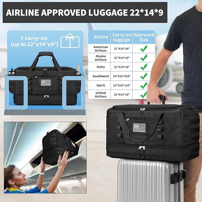 Gym Bag for Men Women, Carry on Luggage 22x14x9 Airline Approved Duffle Bag | Tactical Travel Bags with Toiletry Bag and Shoe Compartment, Weekender Overnight Duffel with Wet Pocket for Workout, Black