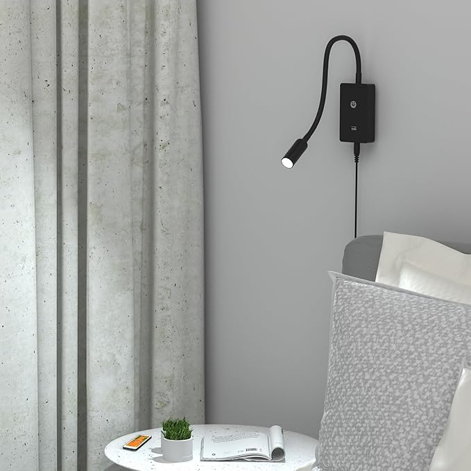 LED Wall Mounted Bedside Lamp with Flexible Gooseneck, Remote Control Black Wall Mount LED Reading Spot Light for Bedroom, Timer Auto Off, Stepless and Step Dimmable, Neutral White Lighting