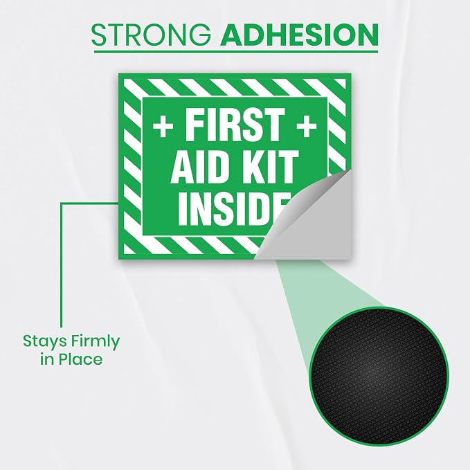 9 x First Aid Kit Inside Stickers | 4 x 5 Inch Premium Vinyl Safety Label Signs for First Aid Boxes | Self-Adhesive, Waterproof, UV Protected Decals for Indoor and Outdoor Use