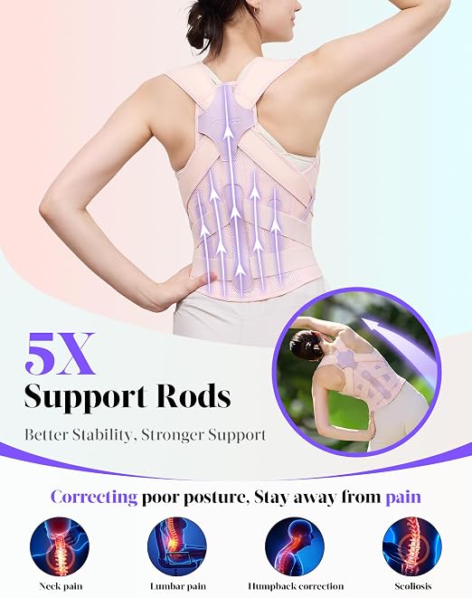 Kepwaa Posture Corrector for Women and Men, 5 Full Back Support Brace Rods, Adjustable Shoulder Straightener, Relief for Upper and Lower Back, Neck, Lumbar, Scoliosis, Hump, Pink, Small