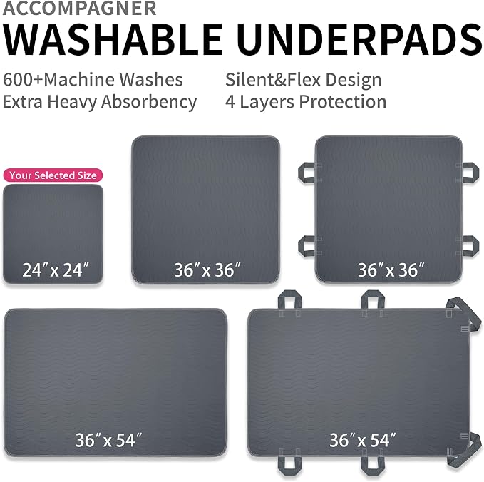 Accompagner Incontinence Bed Pads Washable Waterproof, Ultra-Absorbent Reusable Underpads for Diaper Changing, Nursing, Bedridden, Adults, Seniors, Kids and Dogs (Dark Gray, 24"x24"(Pack of 6))