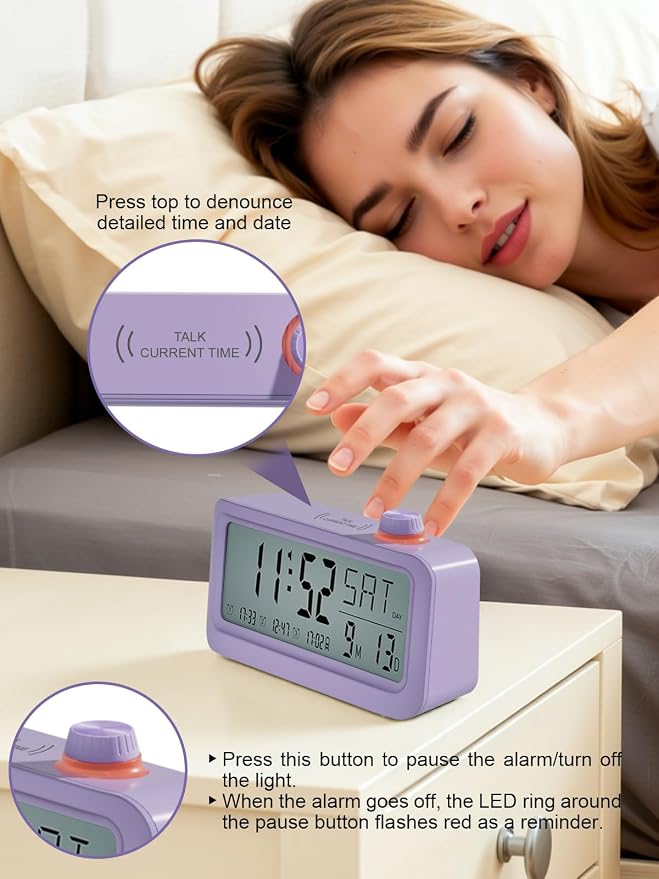 Medication Pill Reminder, Rechargeable Talking Alarm Clock with 3 Custom Voice Recording Alarms, Touch-to-Talk, a Digital Alarm Clocks Gift for Mom/Dad/Seniors/Elderly(Pruple)