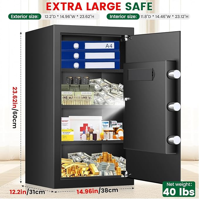 5.1 Cuft Large Home Safes Water and Fireproof with Digital Keypad & Key Lock, Fire Security Safes with 3 Removable Shelves, Anti-Pry Safe Box for Money Documents Jewelry, 23.62"H x14.96"W x 12.2"D
