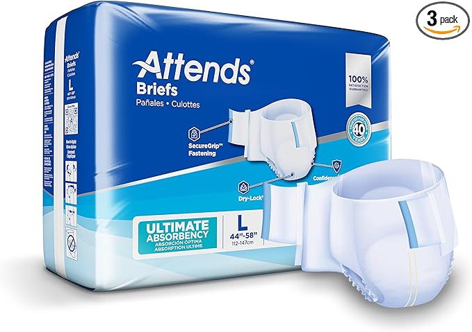 Attends Confidence® Adult Unisex Disposable SmartCool® Briefs, Large, 44"-58" Waist, SecureGrip Tab Closure, Ultimate Absorbency, Breathable Materials, 72ct Bag