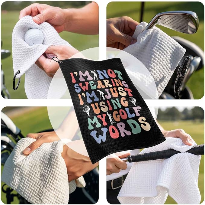 Ladies Golf Towel with Clip,Funny Golf Bag Accessories for Women,Using My Golf Words 16"x24"inch Microfiber Golf Towel,Golf Gifts for Mom Grandma Dad, Birthday Christmas Retirement Golfer Gifts Black