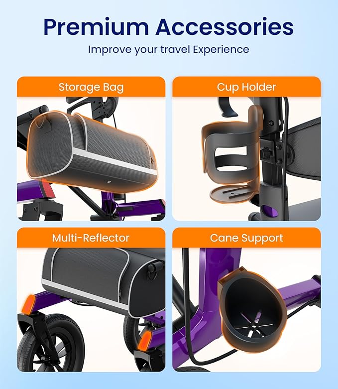 VOCIC Walker with Seat for Seniors, Z57 Outdoor Rollator Walker with 12" All Terrain Big Wheels, 7-Level Adjustable Height Rolling Walker with Safety Brakes, Storage Bag, Cup Holder