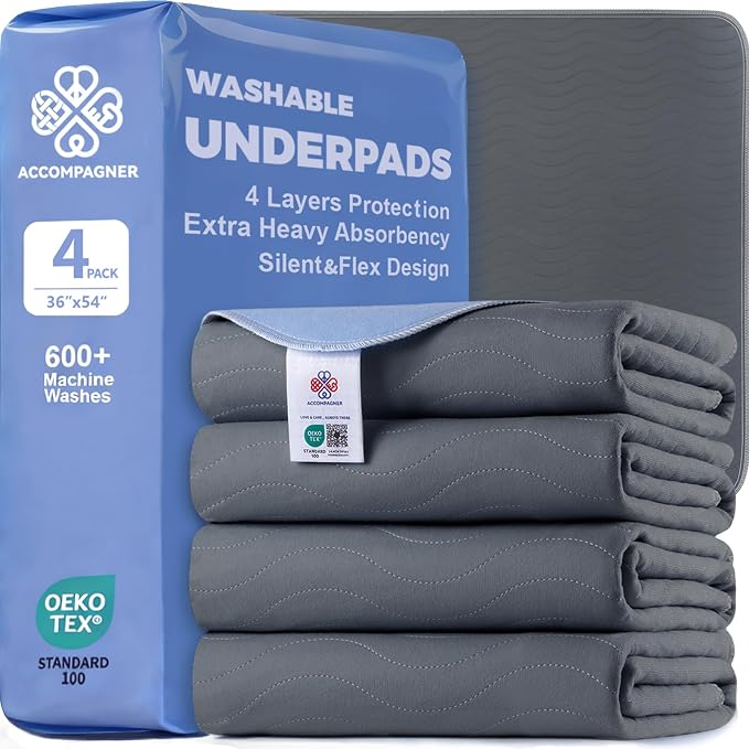 Accompagner Incontinence Bed Pads Washable Waterproof, Ultra-Absorbent Reusable Underpads for Diaper Changing, Nursing, Bedridden, Adults, Seniors, Kids and Dogs (Dark Gray, 36"x54"(Pack of 4))