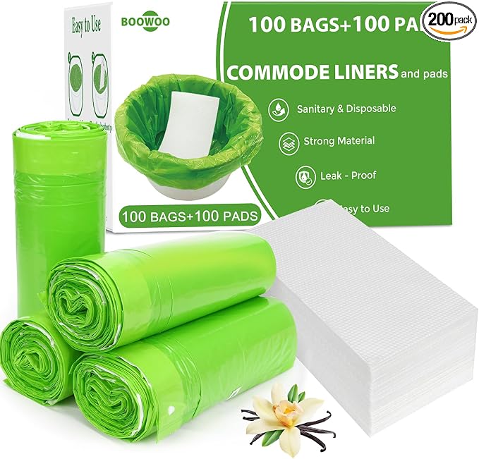 Commode Liners with Absorbent Pad, Universal Fit for Commode/Camping Toilet | 100Bags+100Pads, Leakproof, Drawstring Closure for Easy Disposal, 1000ml Absorbency, Versatile for Seniors Home Care, RV Trip