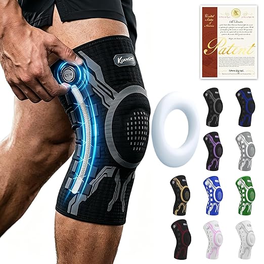 Kuangmi Knob Knee Brace for Pain Relief, Knee Support with Patella Gel Pad & Side Stabilizers, Compression Knee Sleeve for Workout, Arthritis, Joint Pain, Meniscus Tear (Black,Right,XX-Large,Single)