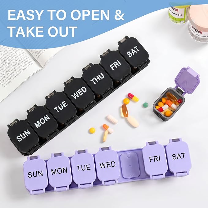 Yaklim Extra Large Weekly Pill Organizer - Waterproof 7-Day Pill Box, Portable Vitamin & Supplement Case, Easy to Open Design, Ideal for Travel and Daily Medication Management (BlackPurple, 2 Packs)