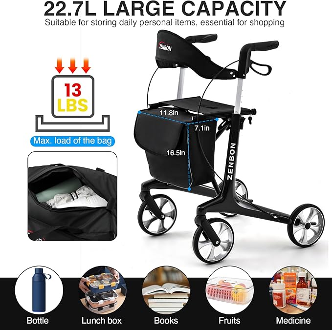 Rollator Walker for Seniors/Adults Foldable Rolling Walker with Seat 440 lbs Capacity 4 Big 7.9 inch Wheels Hand Grips Adjustable Height Lightweight Carbon Fiber Walker Removable Back Support