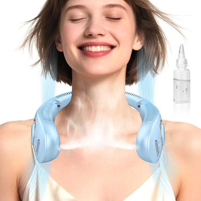 Personal Misting Neck Fan with Water Mist, Rechargeable 4000mAh Battery Powered, 5-Speed Neck Air with LED Display, Small Bladless Wireless Necklace Fans for Kids Adults Outside Work Sports, Purple