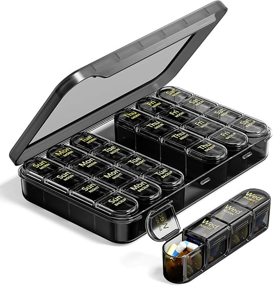 Odaro Weekly Pill Organizer 4 Times a Day, BPA Free Daily Pill Box 7 Day, Large Travel Pill Case with 28 Compartment to Hold Medicine, Vitamin and Supplement - Full Black