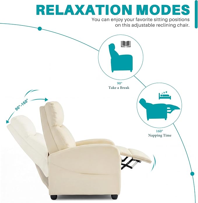 Sweetcrispy Recliner Chair Fabric Recliner Sofa No Massage, Home Theater Seating with Lumbar Support, Adjustable Push Back Overstuffed High-Density Sponge Reclining for Living Room, Beige