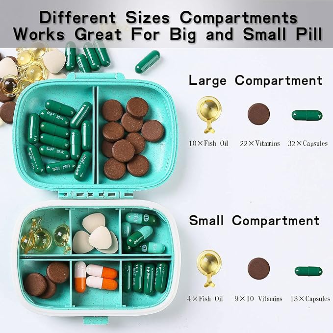 4 Pack Travel Pill Organizer, 8 Compartments Small Pill Box, Portable Daily Pill Case for Medicine, Vitamin, Supplement Storage, Compact Pill Container for Pocket, Purse, Travel, Office, Home Use