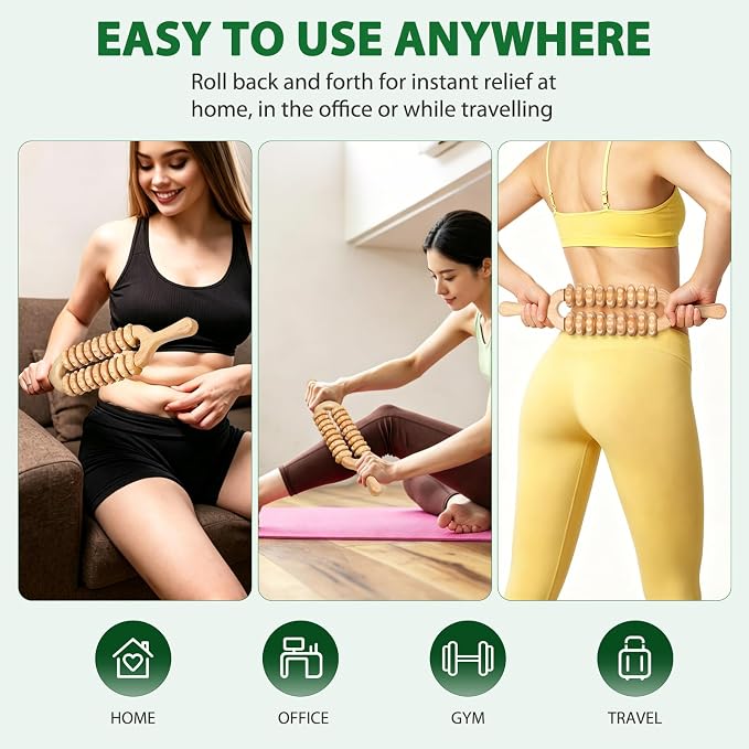 Liitrton Wooden Massage Roller for Legs, Double Row Massage Roller Stick | Smooth Body Roller, Wood Therapy Massage Tools for Trigger Points Relief, Sore Muscle Recovery