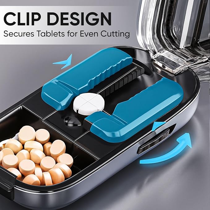 E Chu Pill Cutter - Pill Cutter Splitter for Small and Tiny Pills, Larger Pills - 1/2 1/4 Adjustable Splitter - Improved Sharp Blade & Centering Device (Blue, 1)