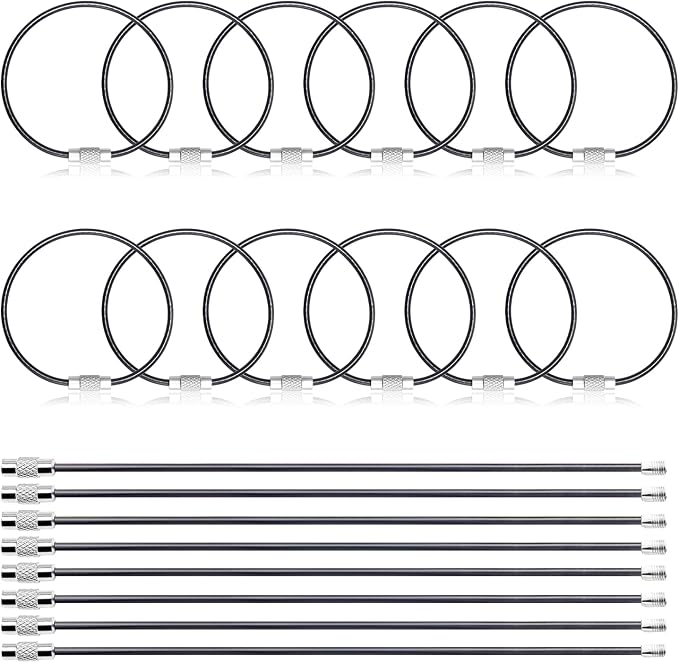 12 Pack 6" Key Ring Wire Keychain Cable Keyring Keychain Holder Clips Large Loops for Car Keys Tags, Luggage Bag Tags, Crafts (Black, 2mm)