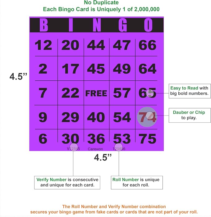 250 Bingo Cards, Large 4.5 x 4.5 Inch, Purple, Paper Bingo Sheets | 8 Color Options, Premium Cardstock, Disposable with Daubers or Reusable with Chips — Proudly Made in USA