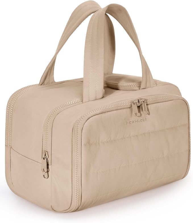 BAGSMART Travel Toiletry Bag, Puffy Toiletry Bag for Women, Wide-open toiletry bags for traveling, Large Travel Cosmetic Makeup Bag Organizer for Accessories,Toiletrie (Khaki)
