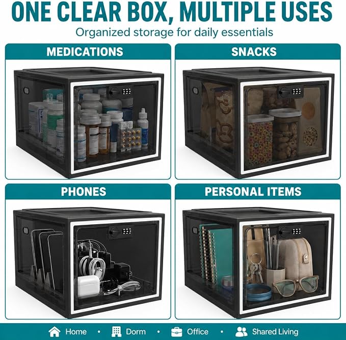 2 Pack Large Medication Lock Box with Code, Clear Lockable Storage Box for Refrigerator, Cabinet & Dorm, Stackable Medicine Box for Prescriptions, Snacks, Phone, 11.9" x 9.3" x 7.6", Black