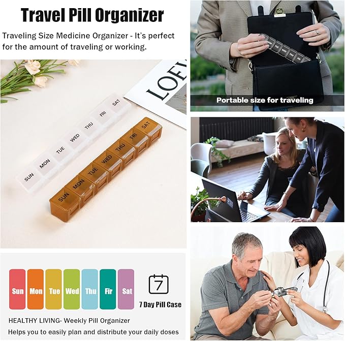 2 Pack Weekly Pill Organizer, Large 7 Day Pill Case, Daily Vitamin Case Medicine Box, AM/PM Pill Containers for Medicine Supplements Fish Oil (White & Khaki)