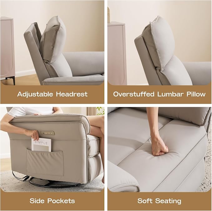 Power Nursery Recliner with Auto Rocking,Oversized Swivel Rocker Recliner with Massage and Heat,Glider Recliner Nursery Chair with Adjustable Headrest for Living Room and Bedroom,Faux Leather，Grey