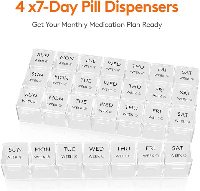 Lifewit Monthly Pill Organizer, 28 Day Pill Box, 4 Weeks One Month Vitamin Cases, Large Compartments Medicine Organizer for Fish Oils, Supplements, 28 Grids, Clear