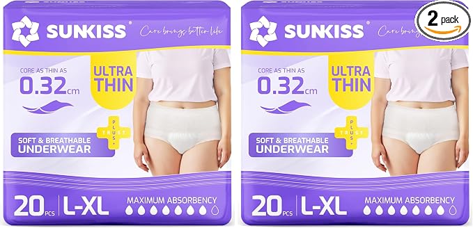 SUNKISS Ultra Thin Incontinence Underwear for Women, High Absorbency & Super Soft Postpartum Diapers, Disposable Adult Pull Ups, Large/XLarge, 20 Count (Pack of 2)