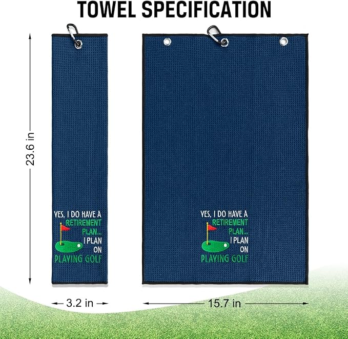 ERHACHAIJIA Yes I'd Have A Retirement Plan Embroidered Golf Towel with Clip. Funny Golf Accessories Gifts for Men Women Golfer Grandma Grandpa Mom Dad, Retirement (Navy)