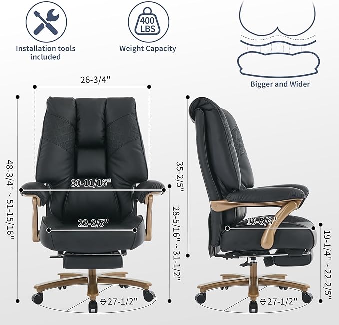 Big and Tall Executive Office Chair with Footrest, 400LBS Capacity Ergonomic High-Back Desk Office Chair with Lumbar Support, Padded Armrests & Thick Cushion, Black PU Leather Chairs