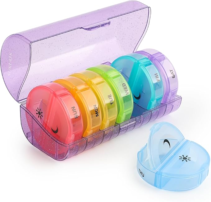 Sukuos Weekly Pill Organizer 7 Day 2 Times a Day, Large Daily Pill Box Easy to Open, Portable AM PM Pill Case for Medicine/Vitamin/Fish Oil/Supplements (Glitter Purple)