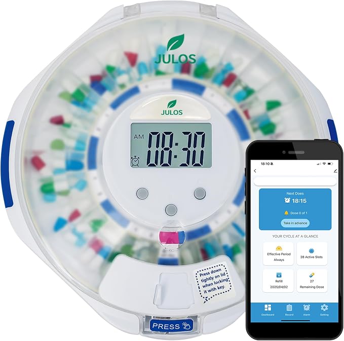 JULOS Automatic Pill Dispenser with App for Elderly & Dementia Care | Sound/Light Reminder, Up to 9 Daily Doses,LCD Display,Key Lock Security