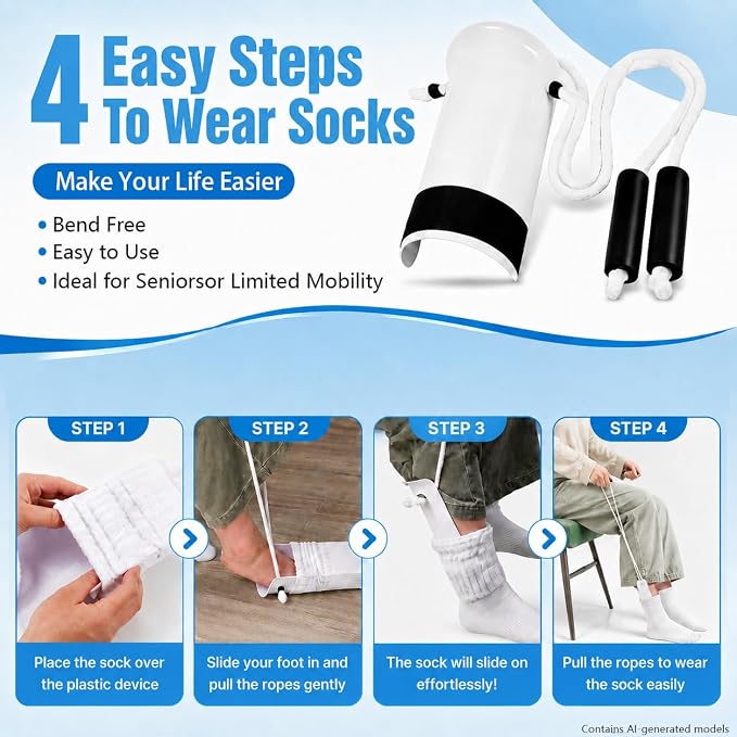 Sock Aids for Putting On Socks Kit,Sock Helper for Seniors with Adjustable Shoe Horn,Sock Assistant Device No Bending Easy Put on Socks Without Bending for Elderly, Disabled,After Surgery Recovery