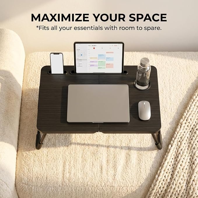 BUYIFY 23.4" Foldable Lap Desk Bed Table with Cup Holder Tray Black | Portable Folds Flat for Easy Storage, No Assembly Laptop Bed Desk, Sturdy and Lightweight, Patent Design